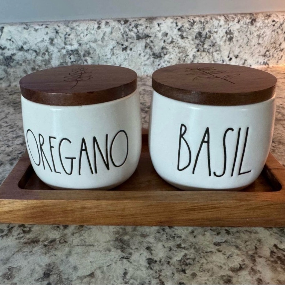 Rae Dunn White Herb Canisters with Brown Lids